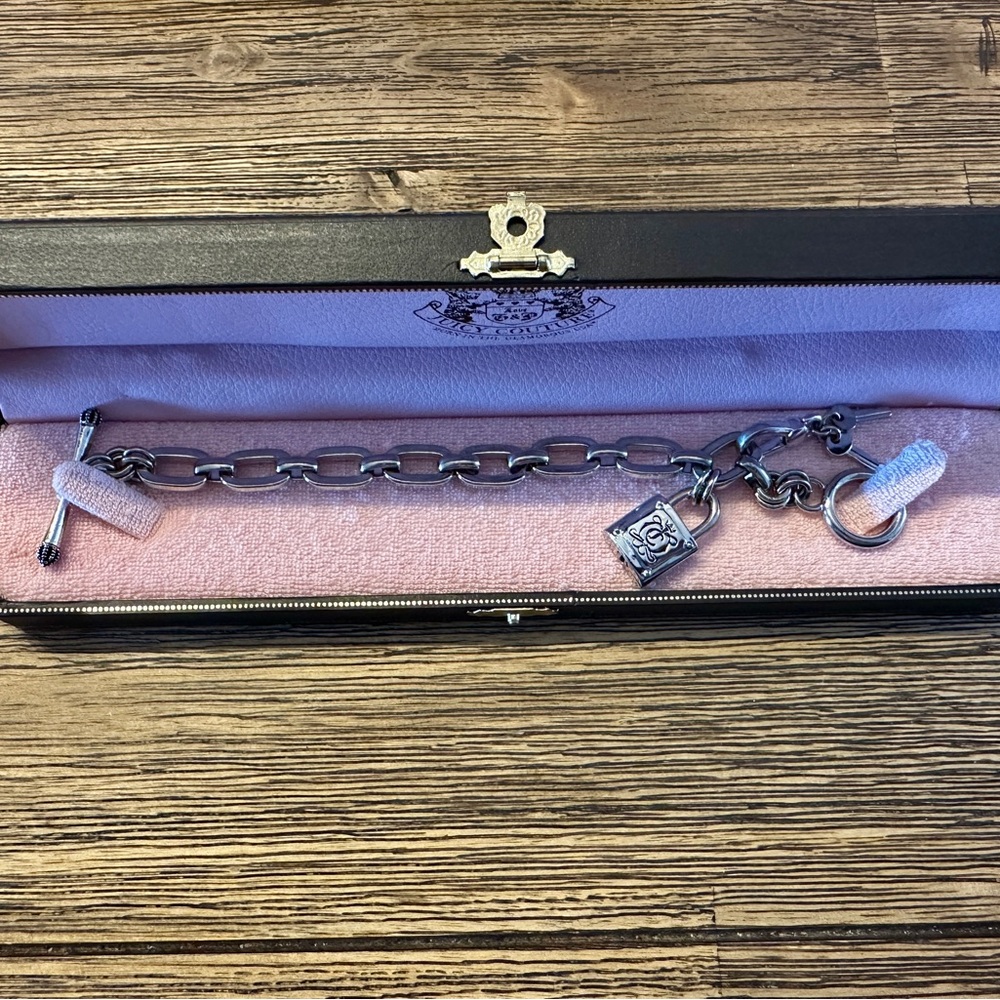 Juicy Couture Silver Chain Bracelet with Padlock and Keys Charm